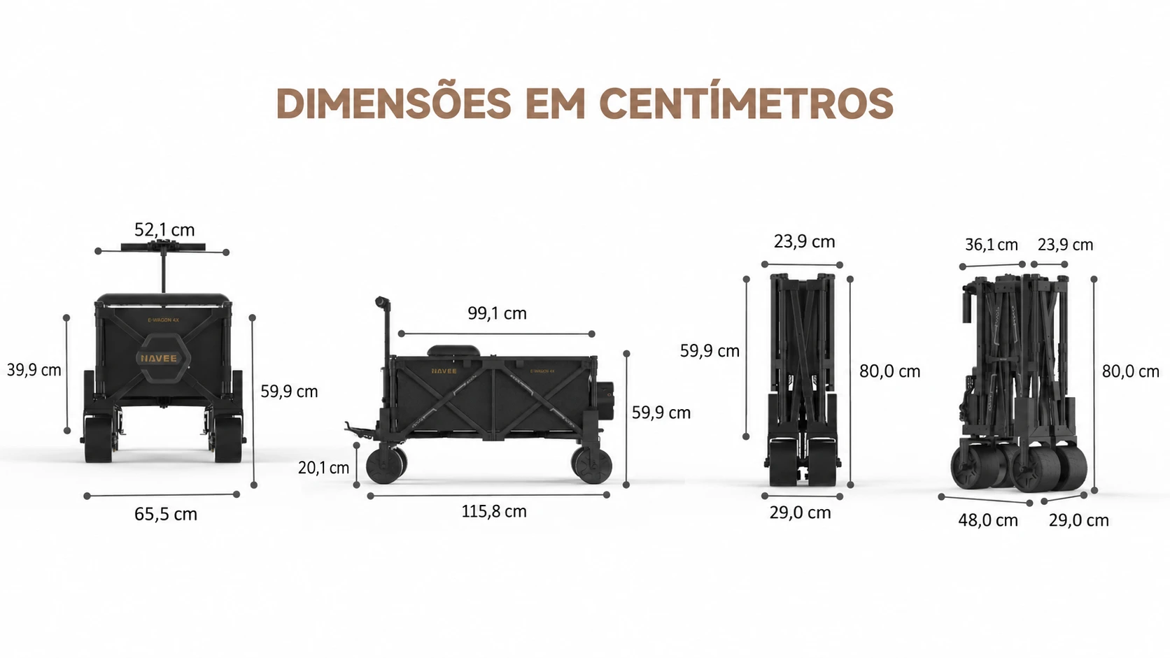 Diagrama do E-Wagon 4X aberto e dobrado, com todas as medidas em centímetros. Aberto: 115,8 por 65,5 por 59,9 cm. Dobrado: 48 por 29 por 80 cm.