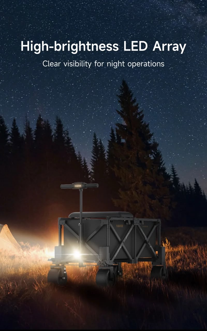 E-Wagon com iluminação LED acesa em um acampamento à noite