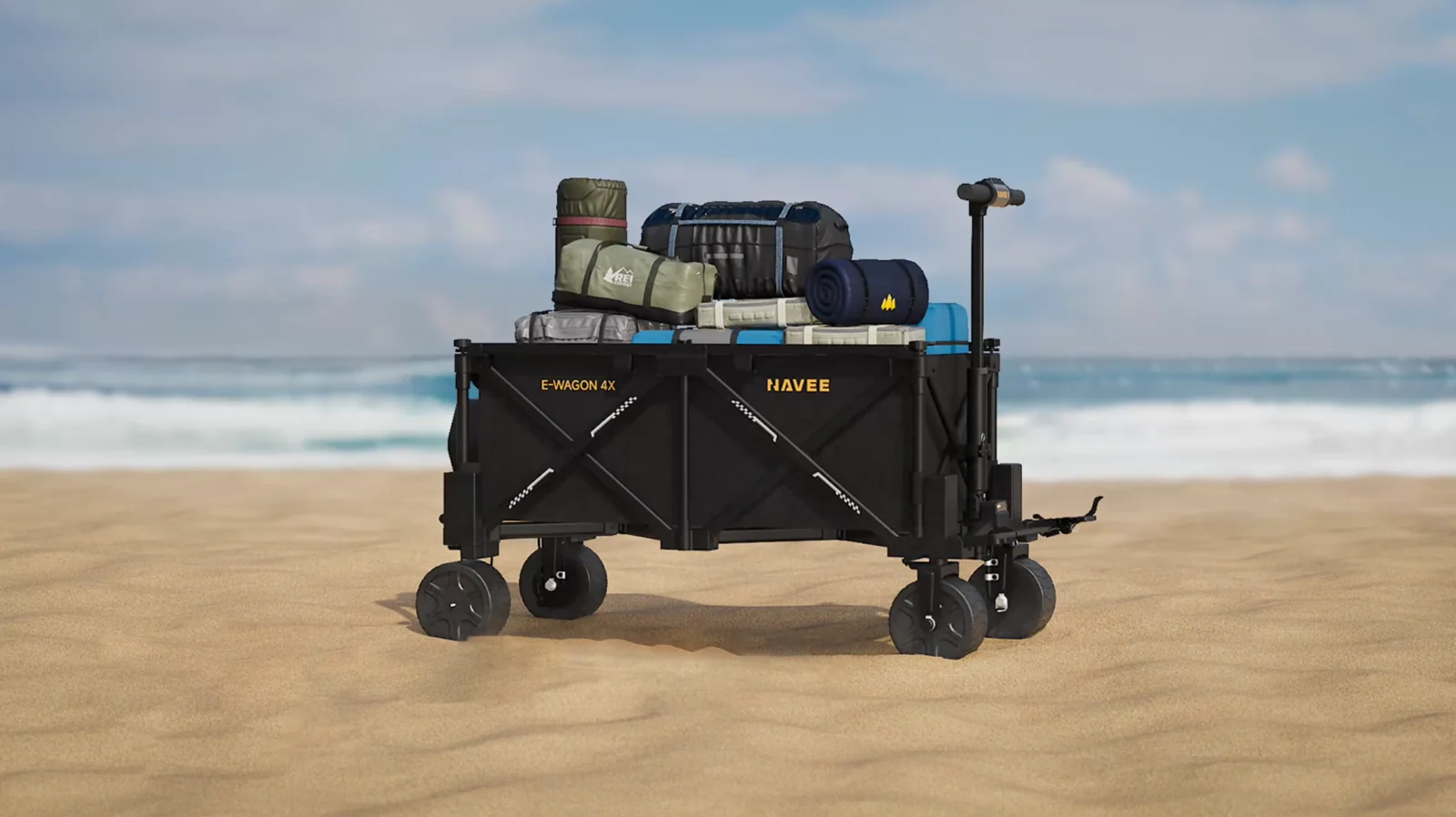 NAVEE E-Wagon carregado com equipamentos de camping na praia